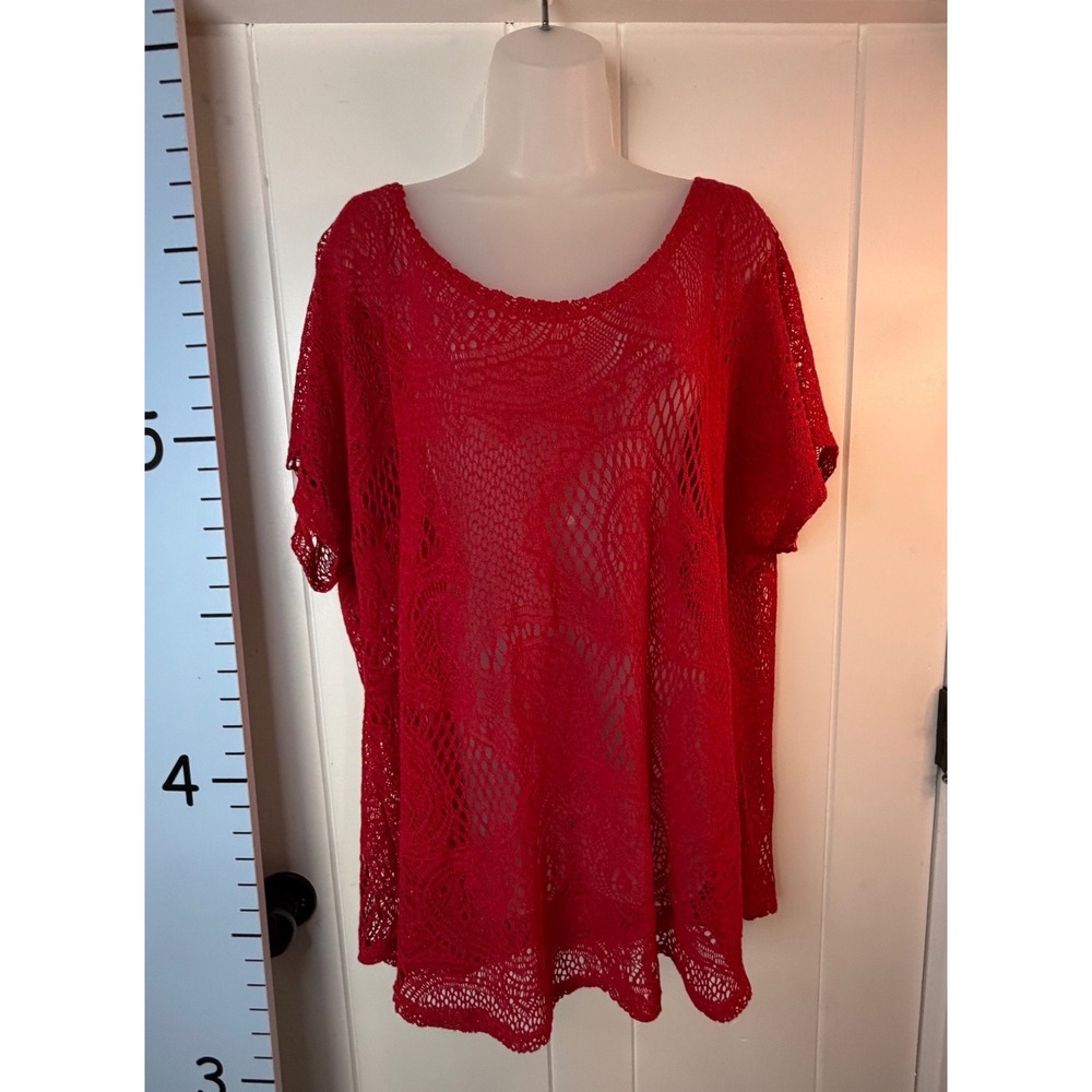 Maria Gabriel Red Crochet Open Lace Sheer Top Women's 3X